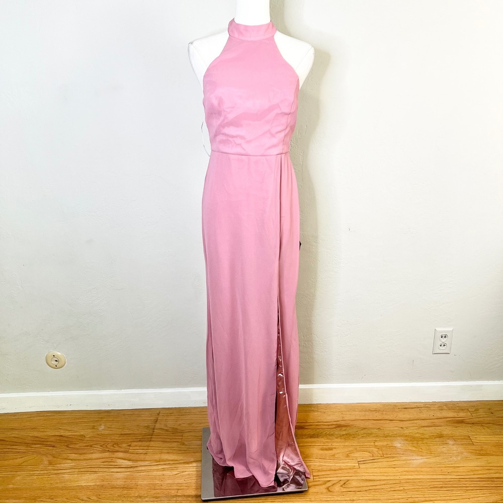 Lulus Dusty Rose Pink Halter High Neck Open Back Maxi Dress Side Slit Small NWT
